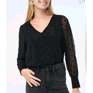 J.Crew Chiffon Dotted Top Blouse Black Long Sleeves V-Neck CF365 Size S NWT